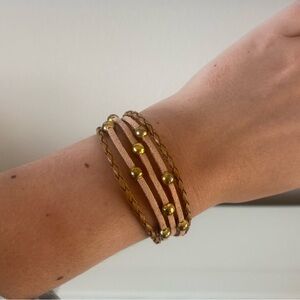 Multi-Strand Leather Wrap Bracelet with Gold Beads